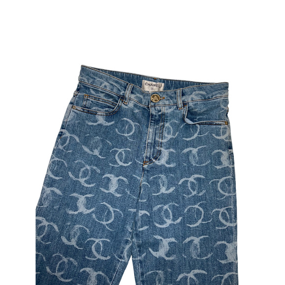 Chanel 23B Runway Light Blue Denim White CC Printed Logo Sequin Skinny Jeans 36 - Picture 6 of 16